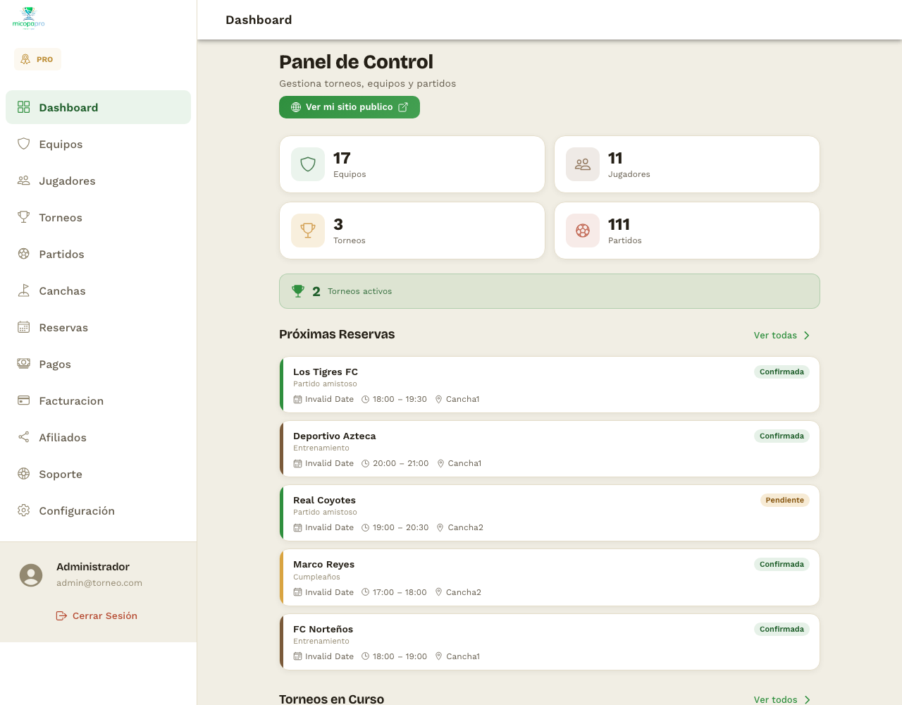 Panel de administración de MiCopa mostrando torneos en curso de una misma cancha