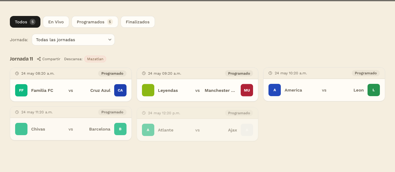 Lista de partidos programados en el sitio público de MiCopa