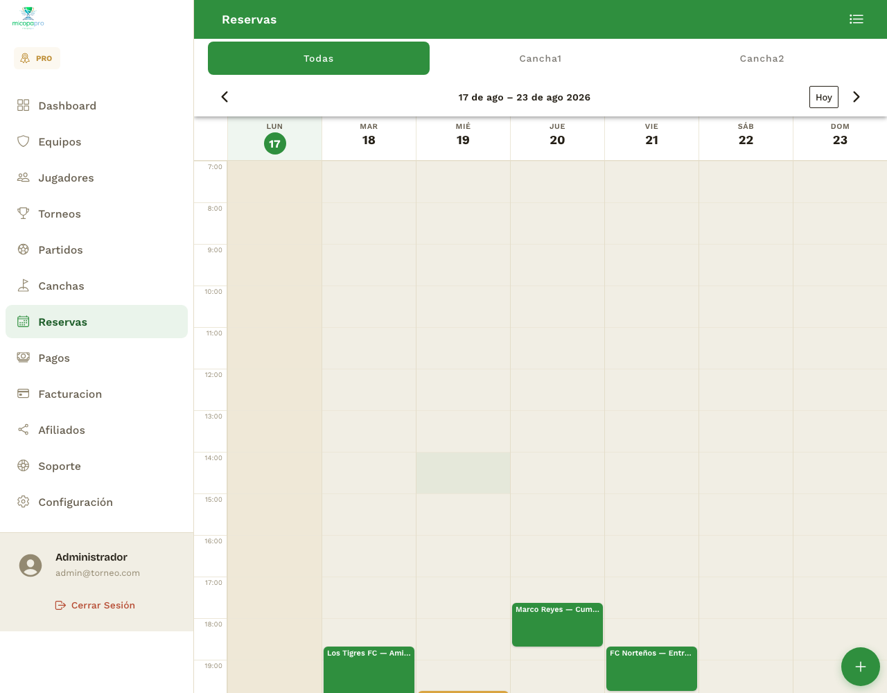 Calendario semanal de reservas de cancha real en MiCopa